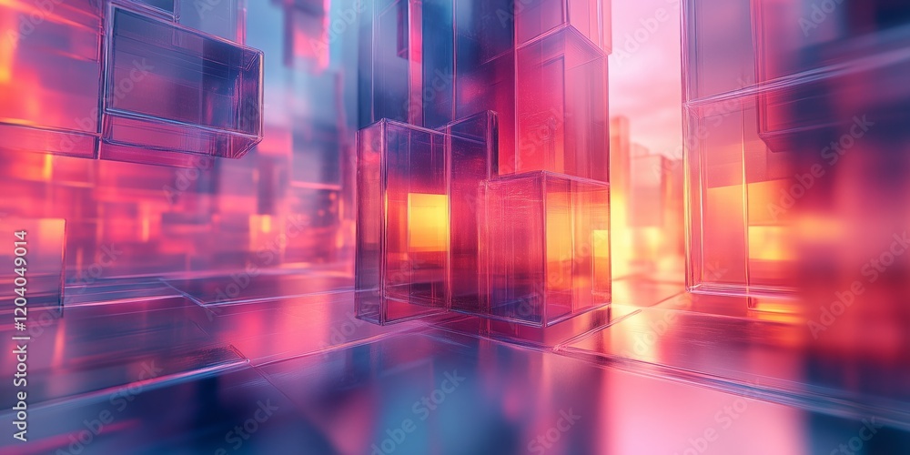 Futuristic design showcasing layered translucent shapes in captivating colors and shifting light effects Futuristic design showcasing layered translucent shapes in captivating colors and shifting light effects