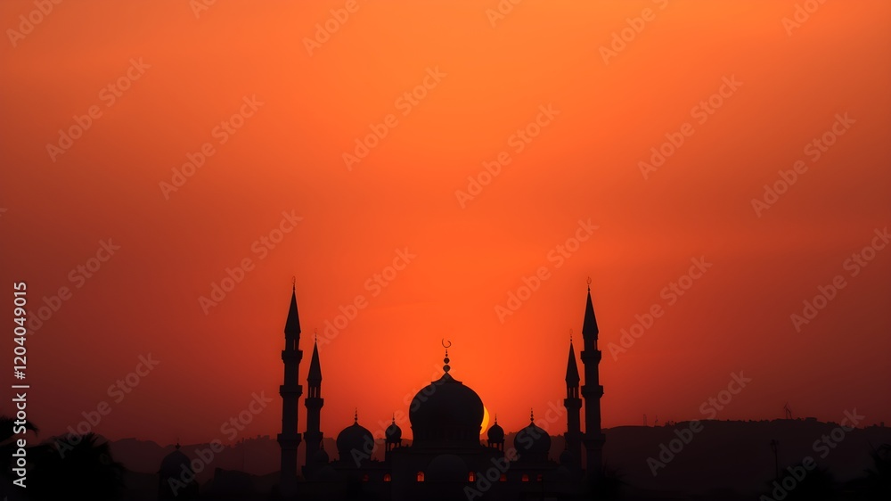 Obraz premium Ramadan Kareem background mosque sunset silhouette