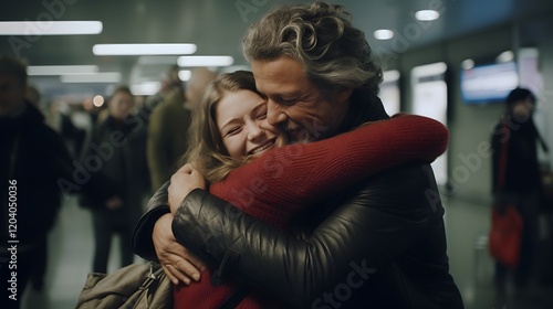 Emotional reunion at the busy airport as family members embrace after a long separation