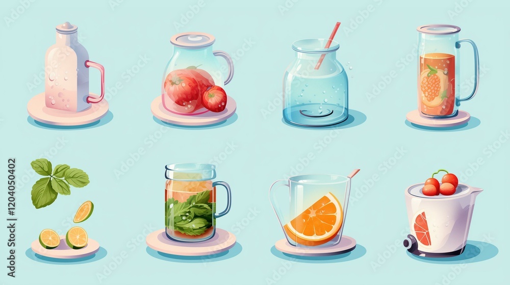 Colorful collection of refreshing drinks and ingredients on display in a bright and cheerful setting Colorful collection of refreshing drinks and ingredients on display in a bright and cheerful setting