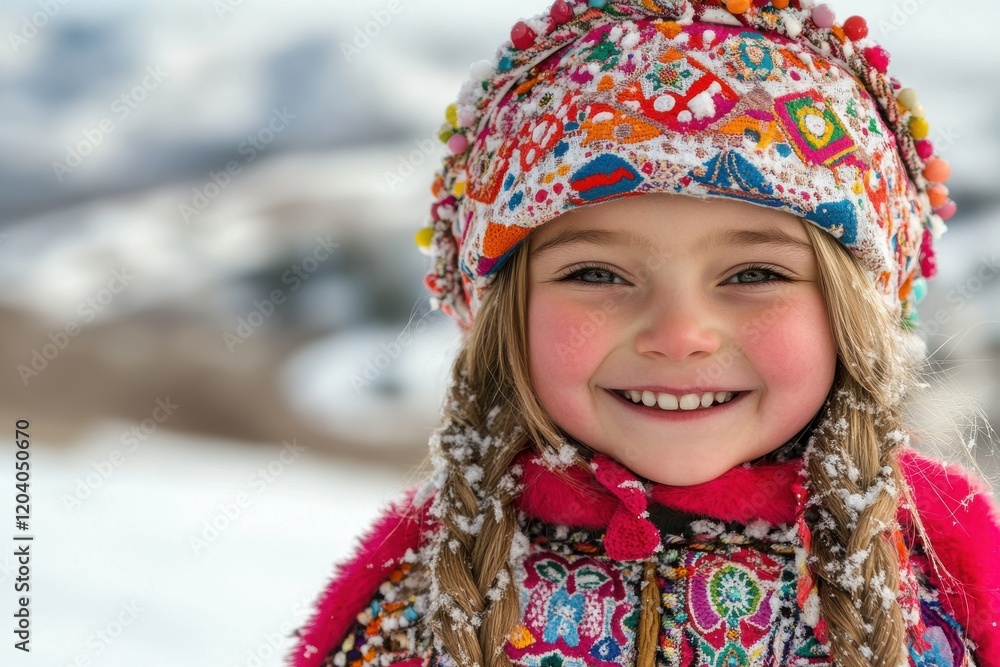 Smiling girl in colorful winter hat, snow in her hair. Joyful winter scene. Smiling girl in colorful winter hat, snow in her hair. Joyful winter scene.