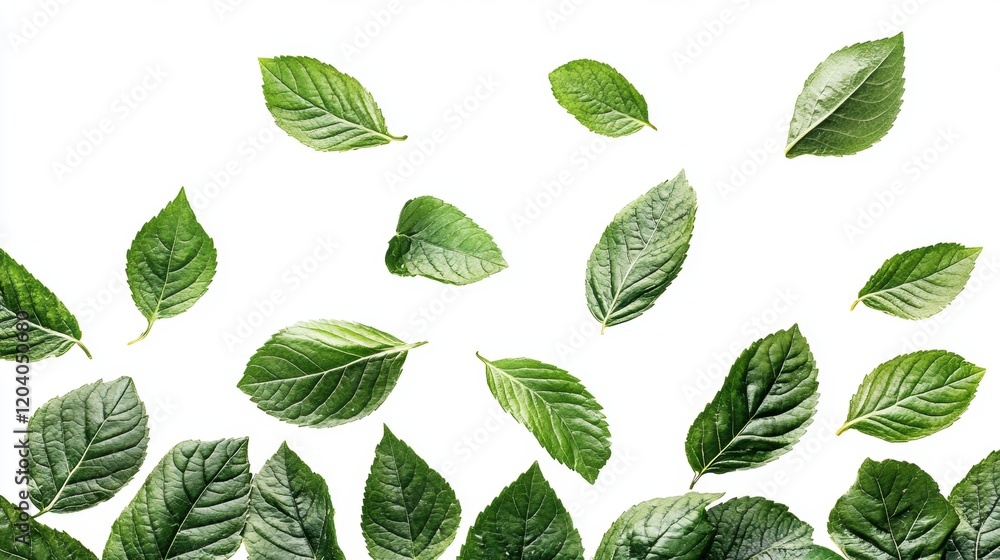 Fresh Green Leaves Floating on White Background for Nature Theme Fresh Green Leaves Floating on White Background for Nature Theme