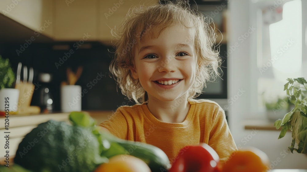 Fototapeta premium Happy children with vegetables in kitchen 
