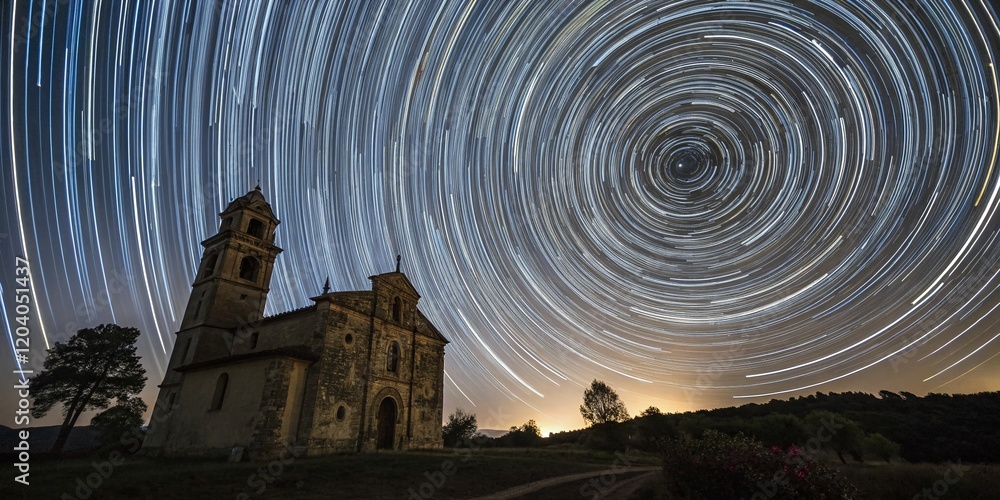 Obraz premium Surreal Time-Lapse: North Star Trails Arc Behind Historic Church at Night
