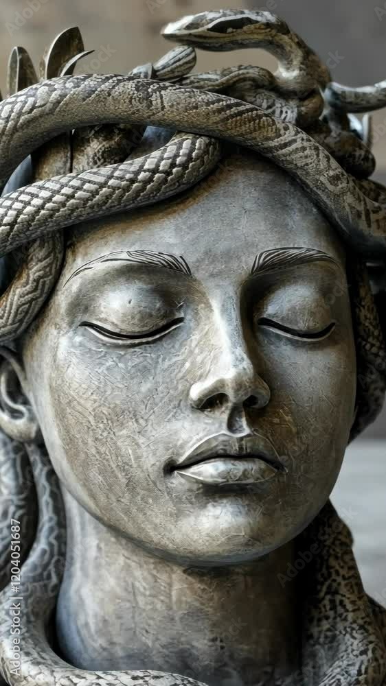 Incredible detail of a Medusa statue with intricate snake designs captured in an art gallery setting Incredible detail of a Medusa statue with intricate snake designs captured in an art gallery setting