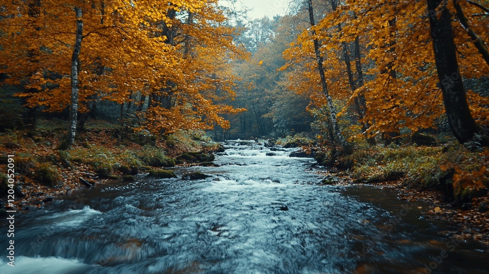 Autumn stream flows through orange forest. Peaceful nature scene for calendar Autumn stream flows through orange forest. Peaceful nature scene for calendar
