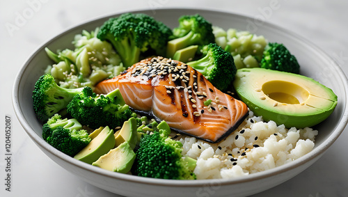 Fotografija A colorful keto Buddha bowl with grilled salmon, steamed broccoli, cauliflower r