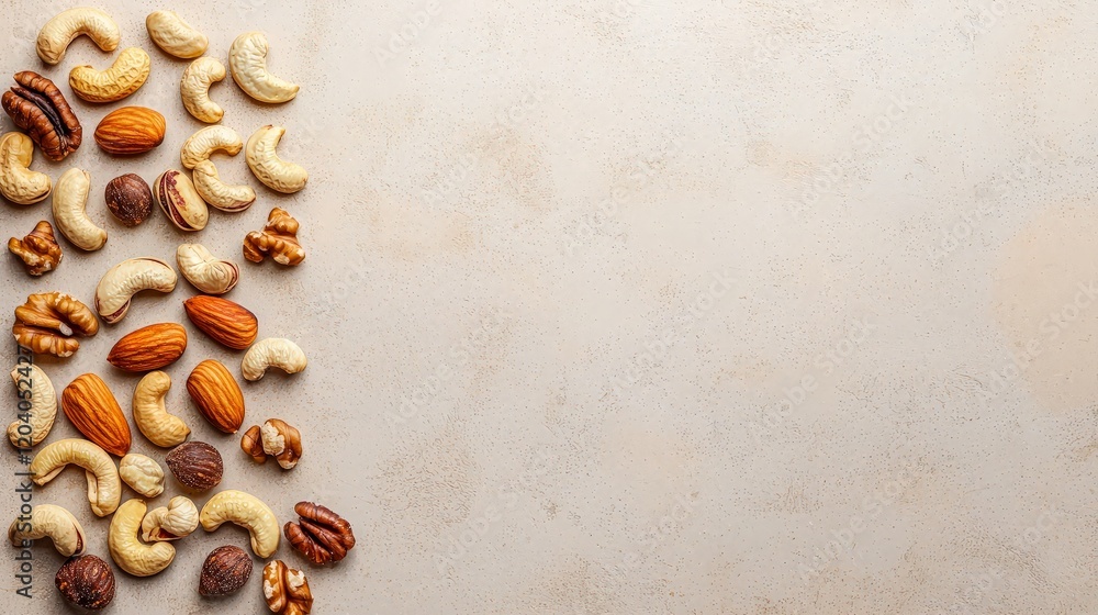 Assorted nuts on beige background; healthy snack food. Assorted nuts on beige background; healthy snack food.