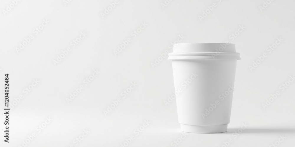 A single blank white disposable paper cup with lid, isolated on a minimalist white background, ready for your design or branding A single blank white disposable paper cup with lid, isolated on a minimalist white background, ready for your design or branding
