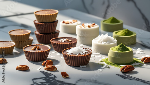 Foto A keto fat bomb display with smooth peanut butter chocolate cups, coconut fat bo
