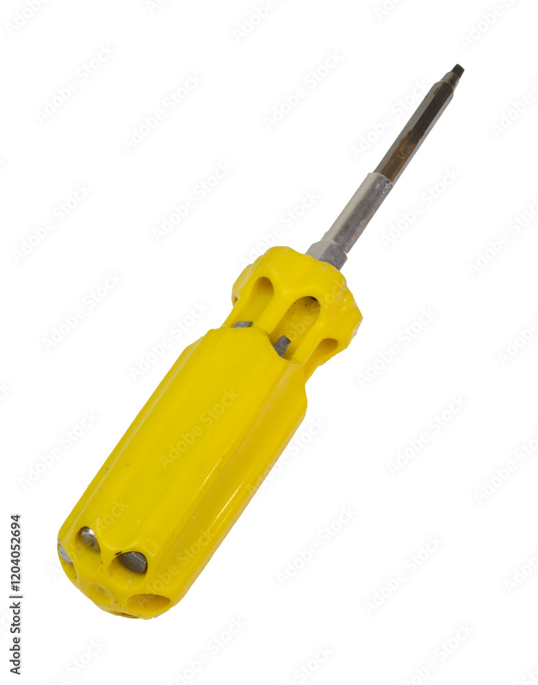 Old isolated multi-screwdriver with a yellow handle and chrome shaft
Old isolated multi-screwdriver with a yellow handle and chrome shaft