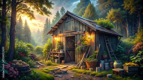 Surreal Vintage Wood Shed: Isolated Firewood & Tools Storage - Eerie Rustic Scene