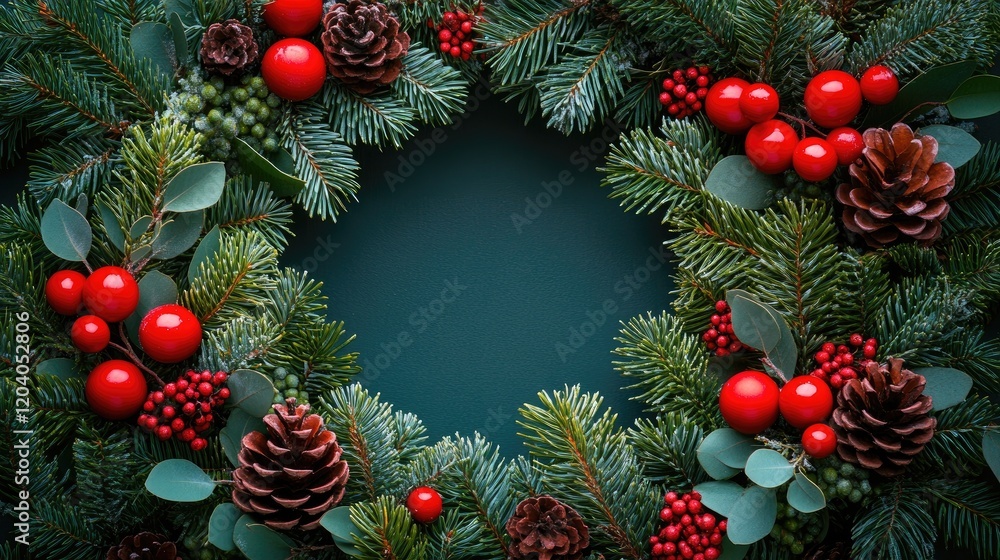 Festive holiday wreath adorned with red berries and pinecones, set against a dark green backdrop Festive holiday wreath adorned with red berries and pinecones, set against a dark green backdrop