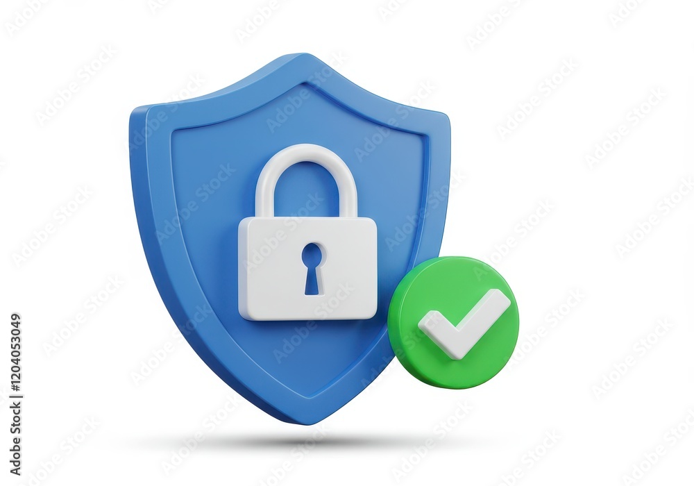 A 3D illustration of a blue shield with a white padlock in the center, accompanied by a green checkmark symbolizing security and trust A 3D illustration of a blue shield with a white padlock in the center, accompanied by a green checkmark symbolizing security and trust