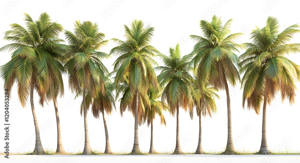 Row of Lush Coconut Palm Trees on White Background Row of Lush Coconut Palm Trees on White Background