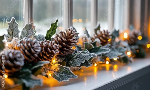 Frosted pinecones, holly leaves, and warm glowing fairy lights arranged on windowsill, creating elegant and festive holiday decor with a cozy winter atmosphere.