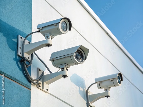 Surveillance System: Three Security Cameras on Vibrant Blue Background photo