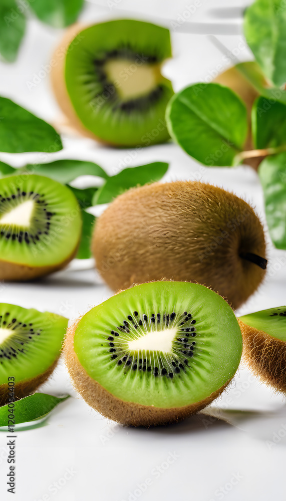 Fototapeta premium Kiwi fruit and kiwi cut in half with green leaves isolated on a white background.