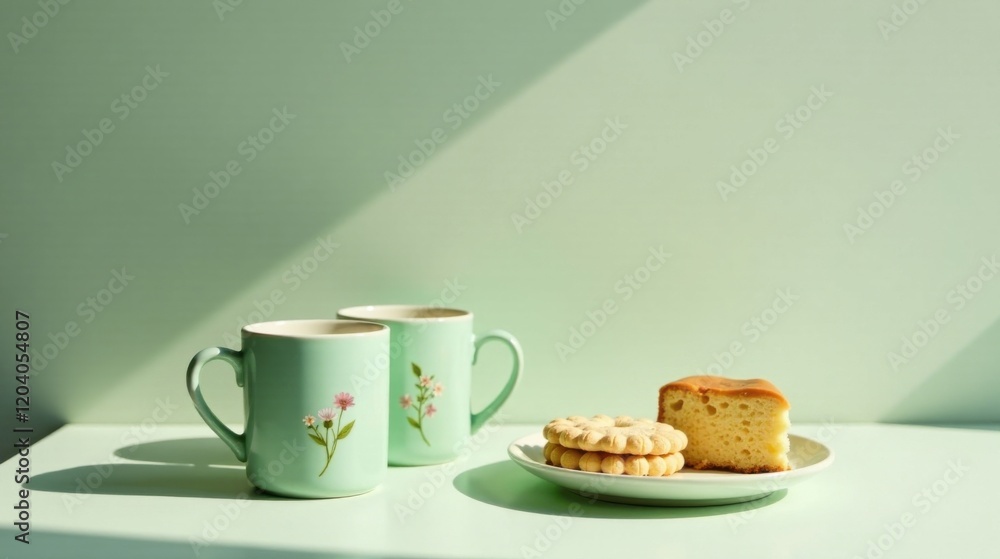 Pastel mugs with floral design, accompanied by sweet treats on a pale green surface bathed in sunlight. Pastel mugs with floral design, accompanied by sweet treats on a pale green surface bathed in sunlight.