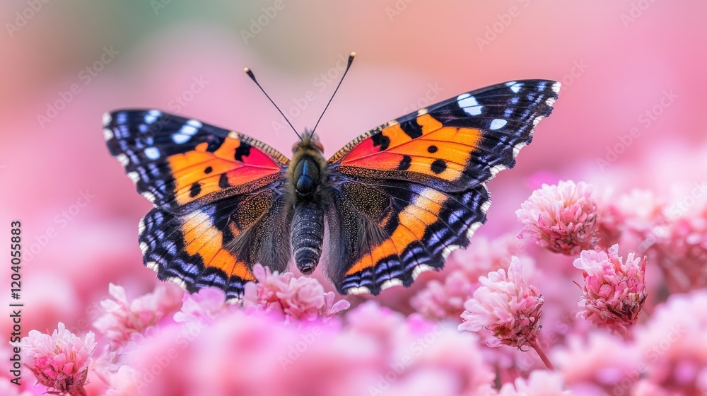 Vibrant butterfly perched on pink flowers in a garden, showcasing nature's beauty and tranquility Vibrant butterfly perched on pink flowers in a garden, showcasing nature's beauty and tranquility