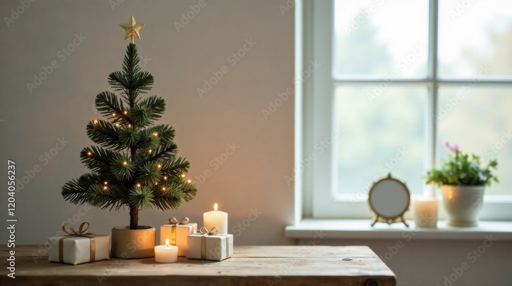 Miniature Christmas tree with presents and candles on rustic wooden table near window Miniature Christmas tree with presents and candles on rustic wooden table near window