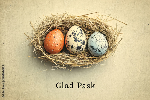 Rustic Easter nest with speckled eggs and Glad Pask text
 photo