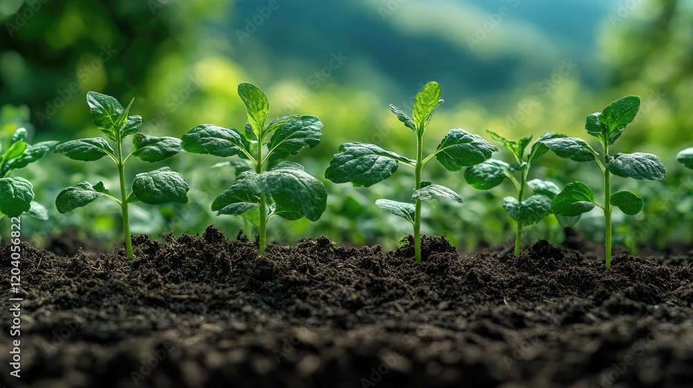 Fresh green mint plants growing in rich soil under soft sunlight, showcasing agricultural growth and health Fresh green mint plants growing in rich soil under soft sunlight, showcasing agricultural growth and health