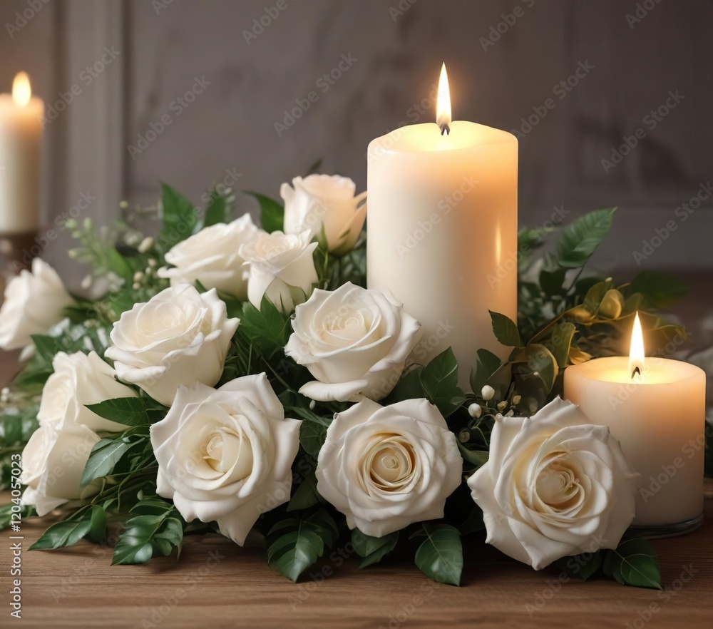 Romantic floral arrangement with white rose and candle, tranquility, romance Romantic floral arrangement with white rose and candle, tranquility, romance