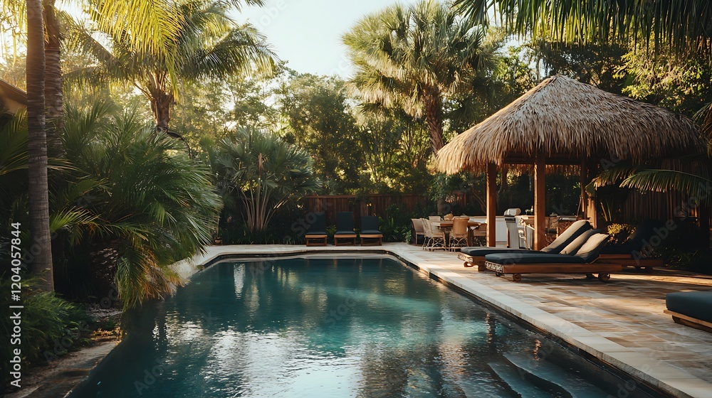 Fototapeta premium Tropical Backyard Pool Oasis With Lush Greenery