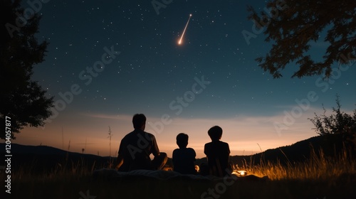 A family of three is sitting on a grassy field at night, watching a shooting star. The scene is peaceful and serene, with the family enjoying the moment together