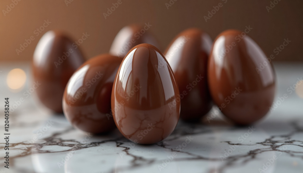 Obraz premium Glossy close-up of chocolate eggs with a smooth reflective finish placed on a marble countertop with elegant soft lighting