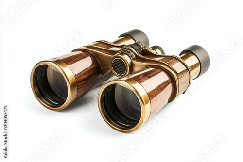 Binoculars with a classic design showcasing wooden and metal elements isolated on a white background for clear visibility photo