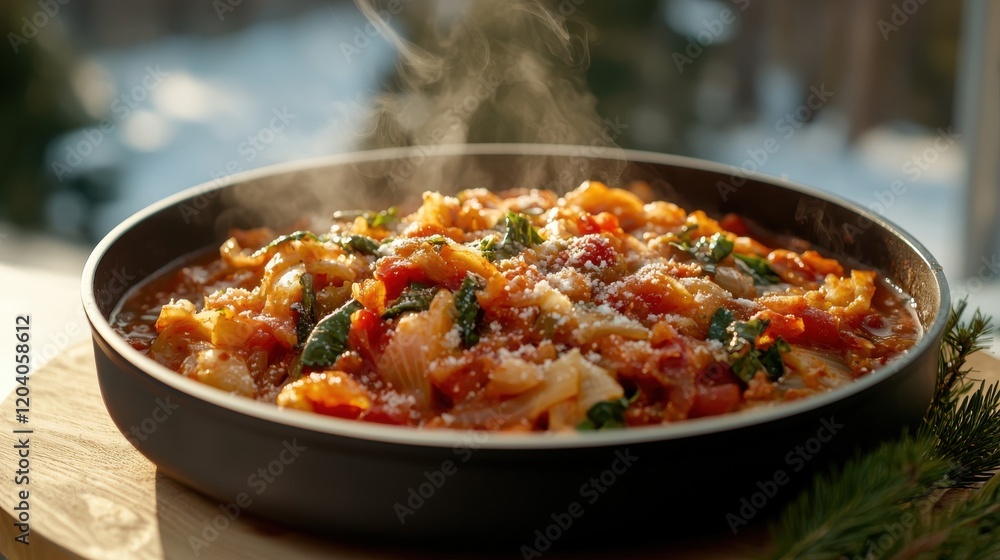 Sizzling shchi soup in a rustic setting snowy russian landscape food bright atmosphere Sizzling shchi soup in a rustic setting snowy russian landscape food bright atmosphere