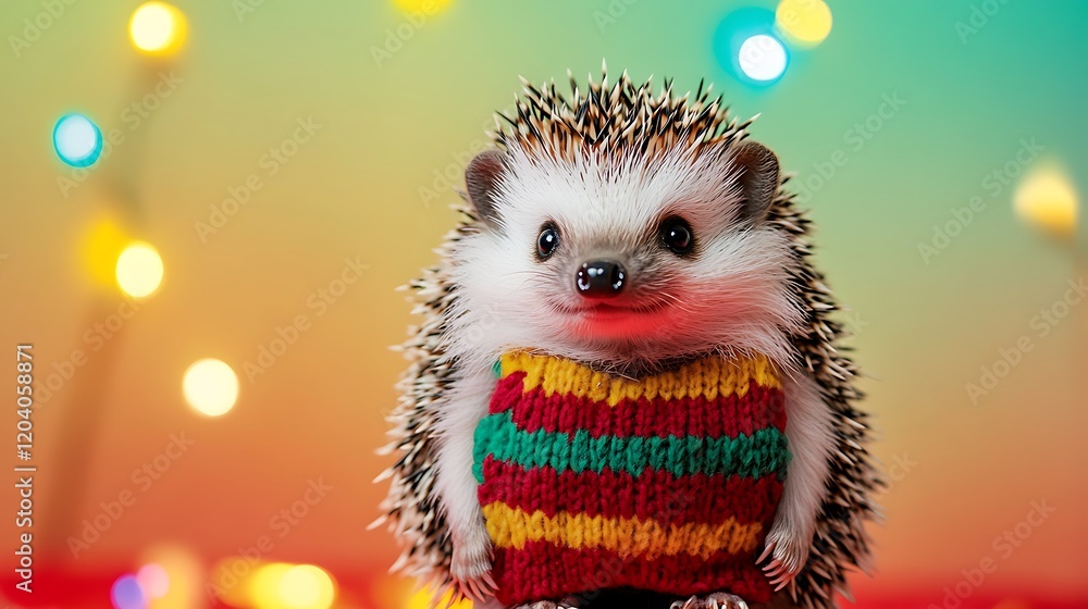 Plush hedgehog in a festive vest isolated on a colorful background Plush hedgehog in a festive vest isolated on a colorful background