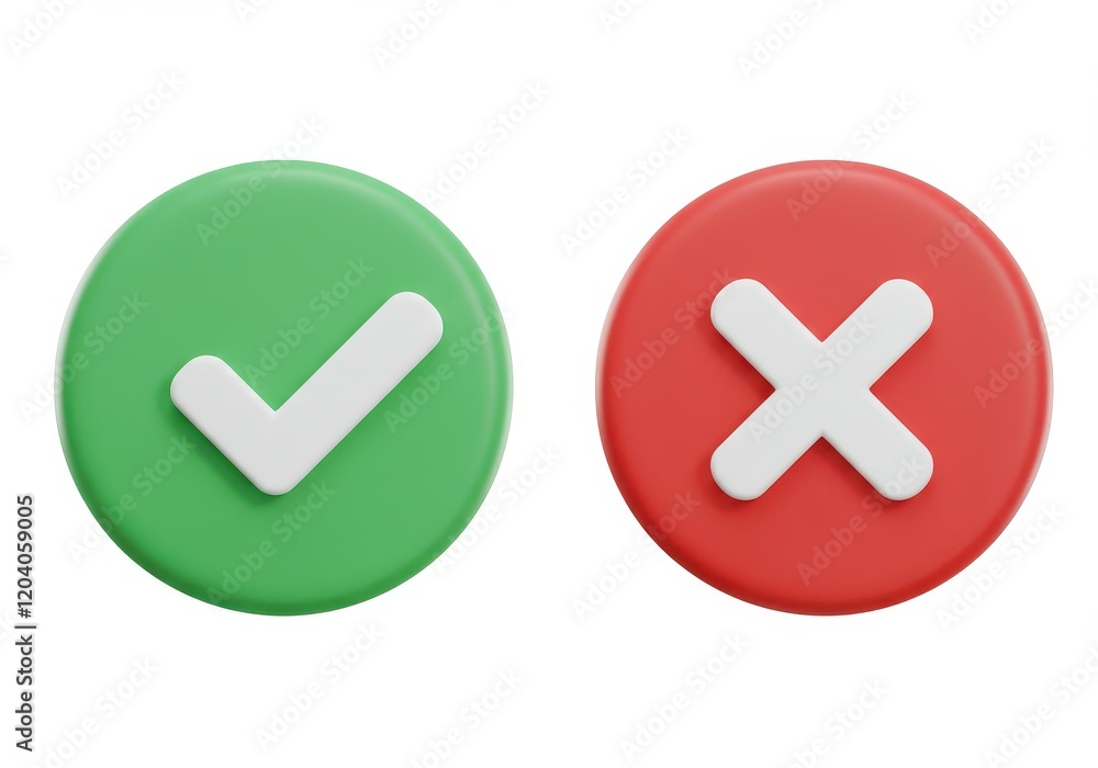 A 3D illustration of two circular buttons one green with a white checkmark and one red with a white cross A 3D illustration of two circular buttons one green with a white checkmark and one red with a white cross