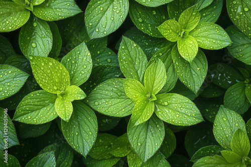 Close-up view of vibrant green leaves covered in droplets after recent rain showcasing nature's freshness and beauty photo