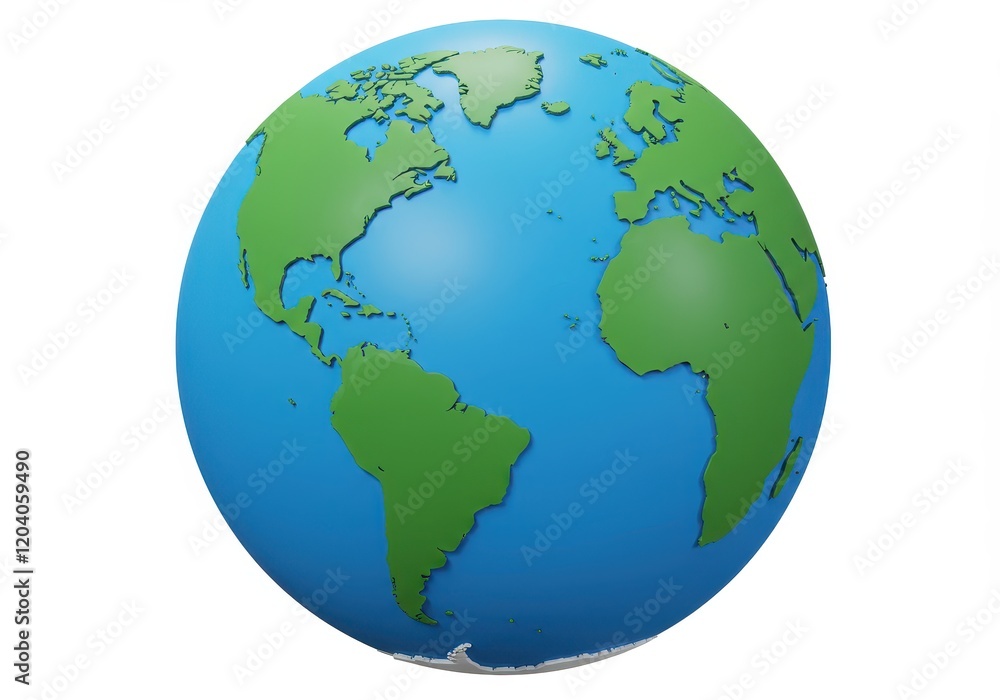 A 3D illustration of a globe with bright blue oceans and vibrant green continents isolated on a white background A 3D illustration of a globe with bright blue oceans and vibrant green continents isolated on a white background