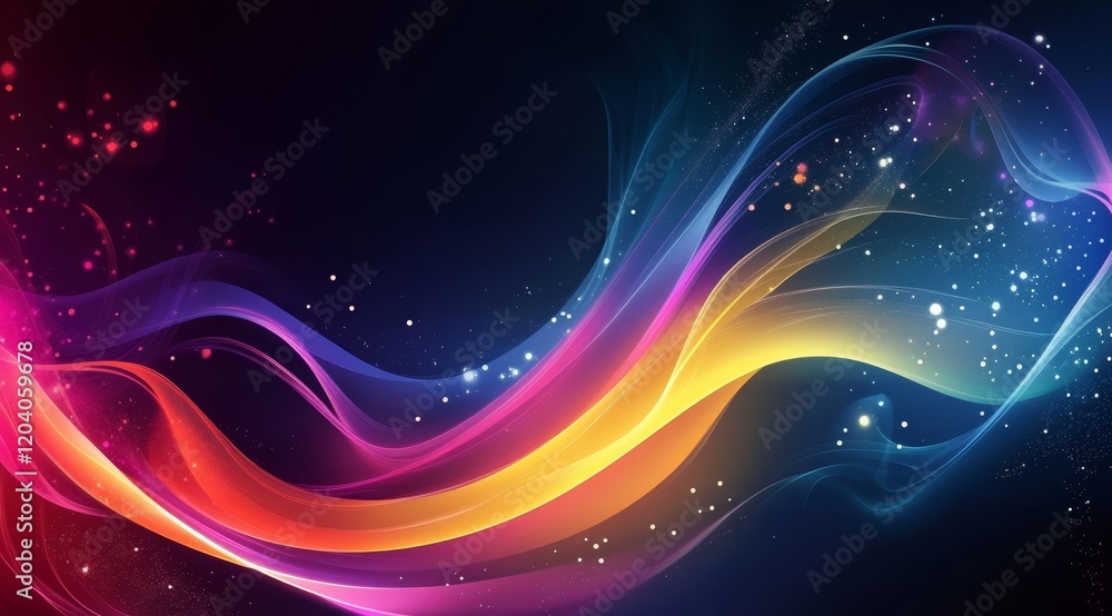 Fototapeta premium Colorful abstract wave with glowing particles on dark background.