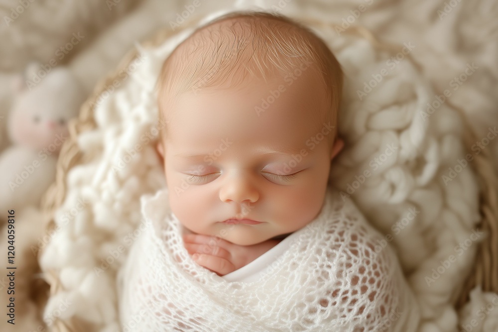 Sleeping newborn baby wrapped in soft blanket with plush toys Sleeping newborn baby wrapped in soft blanket with plush toys