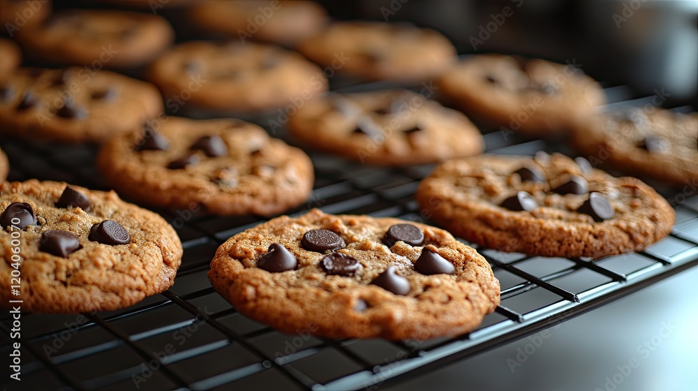 Freshly baked chocolate chip cookies cooling on a wire rack in a cozy kitchen setting (1) Freshly baked chocolate chip cookies cooling on a wire rack in a cozy kitchen setting (1)
