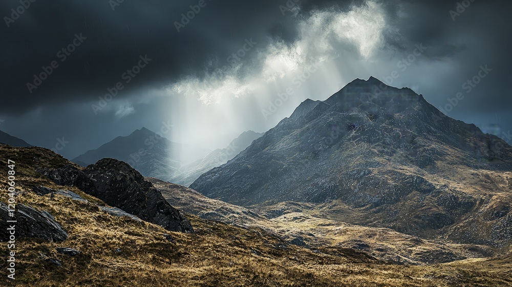 Fototapeta premium Dramatic sun rays through Scottish highlands.