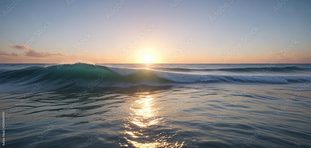 Obraz premium Serene ocean wave with gentle ripples on a soft blue horizon at sunrise, sunrise, clear sky