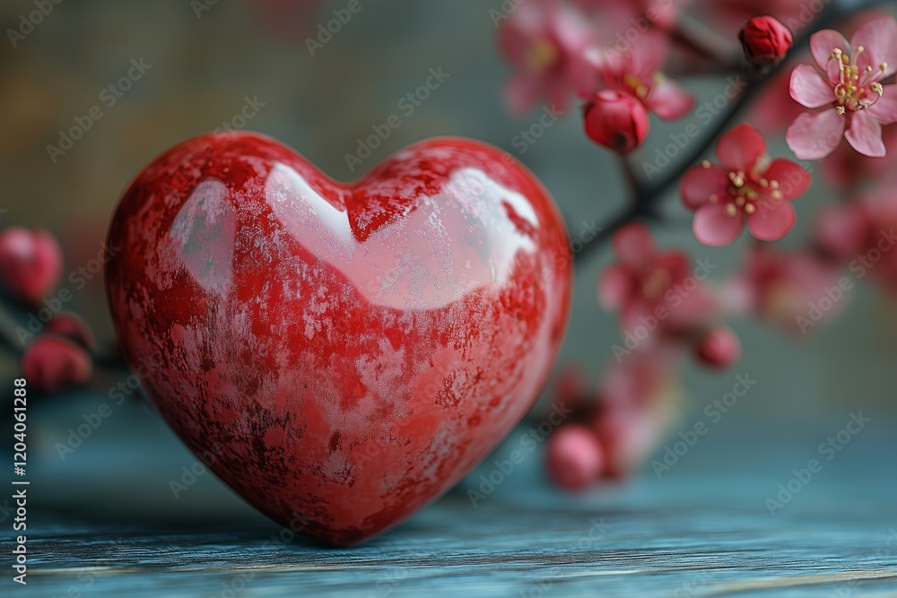 Spring blossom accentuated by a glossy red heart shaped decoration among delicate flowers Spring blossom accentuated by a glossy red heart shaped decoration among delicate flowers