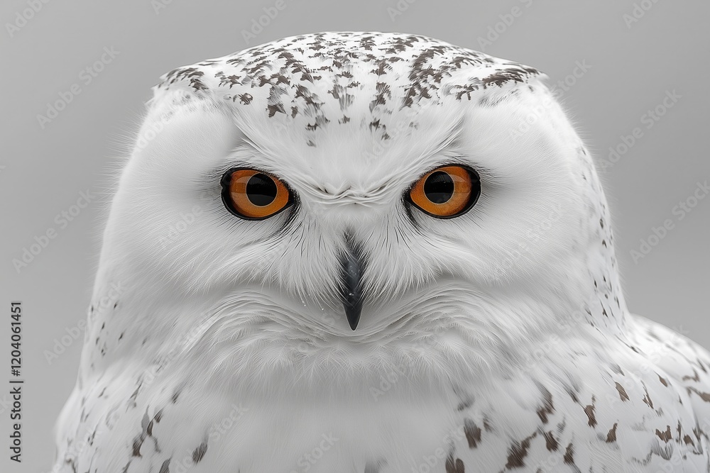 Obraz premium Realistic portrait of a snowy owl with striking orange eyes looking directly at the viewer in a serene natural environment