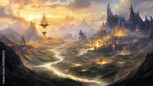 Fantasy city sunset landscape, floating island, river valley, game background. photo