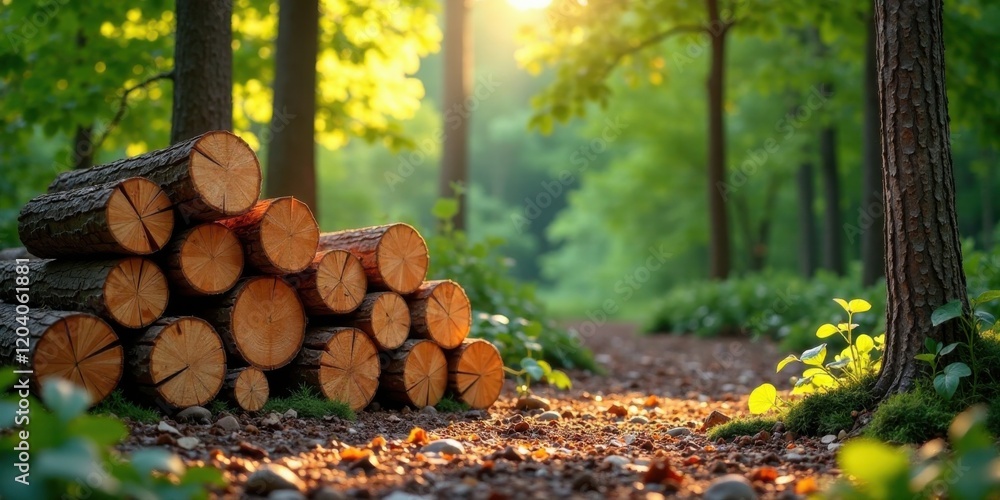 Golden Hour Lumber Stack in a Verdant Forest Golden Hour Lumber Stack in a Verdant Forest
