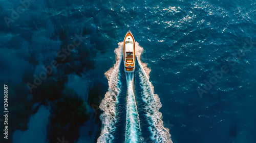 Top view of fast travel boat going straight forward in the sea aerial shot