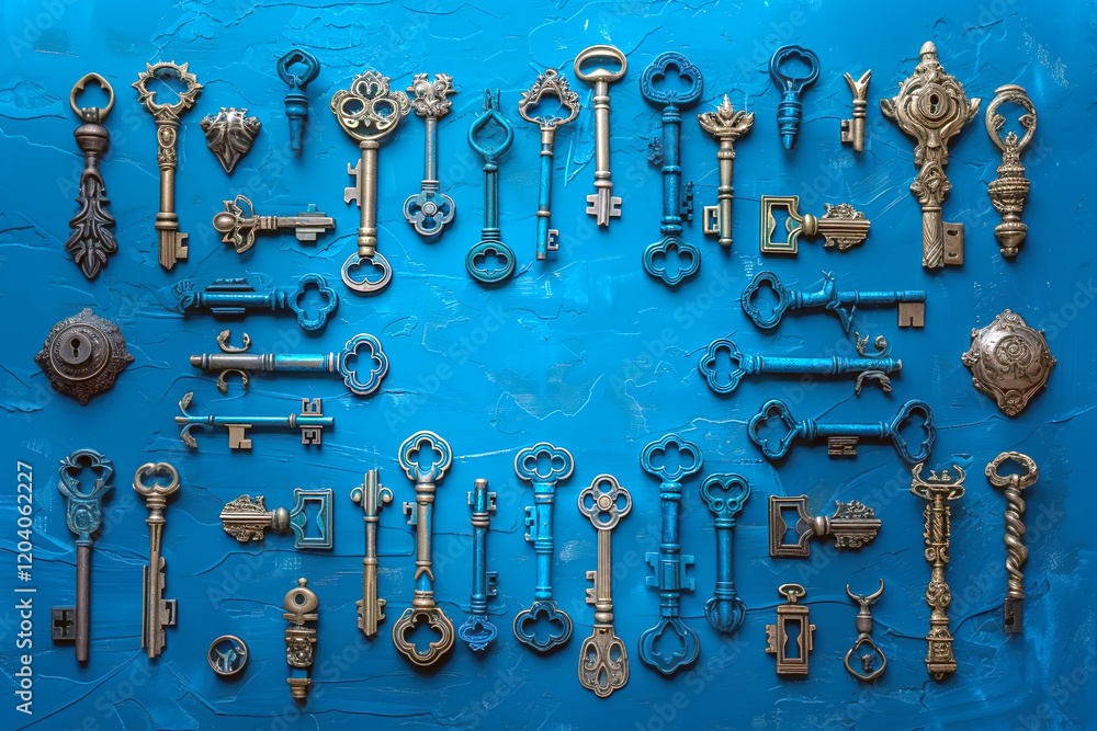 Obraz premium Set of vintage golden skeleton keys on blue background