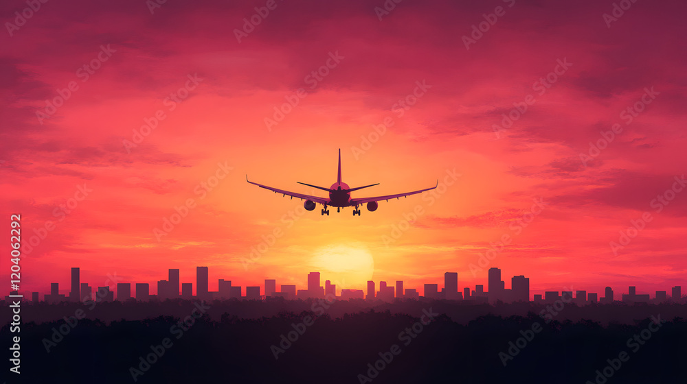 Aerial view of a bustling airport runway at dusk, with aircraft taking off and landing, showcasing the vibrant activity and movement of the airport during the evening, emphasizing transportation and g Aerial view of a bustling airport runway at dusk, with aircraft taking off and landing, showcasing the vibrant activity and movement of the airport during the evening, emphasizing transportation and g