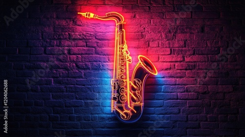 Vibrant neon saxophone glowing against a textured brick wall, creating an energetic nightlife ambiance